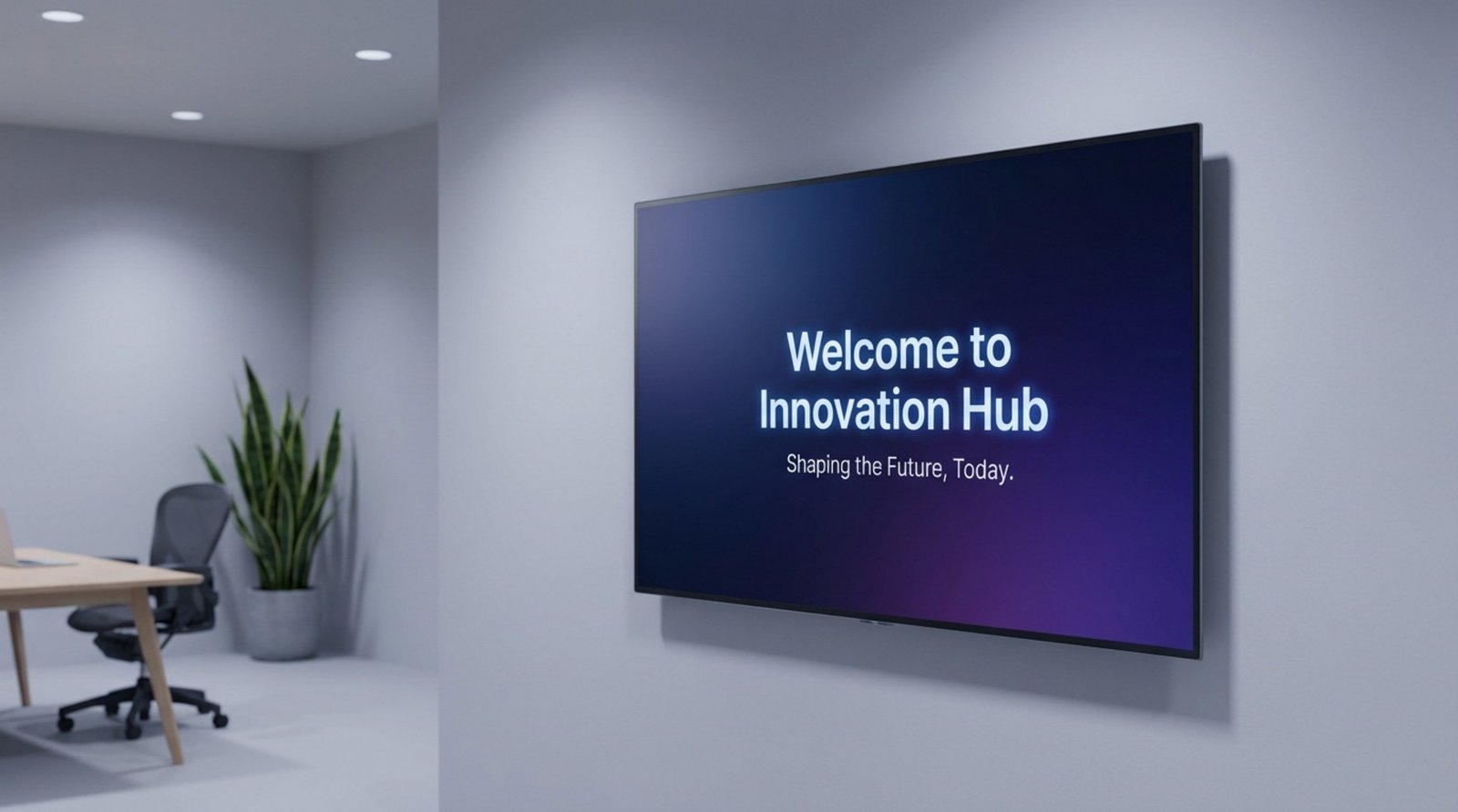 A photorealistic image of a modern SoC display mounted on an office wall showing a corporate welcome message.