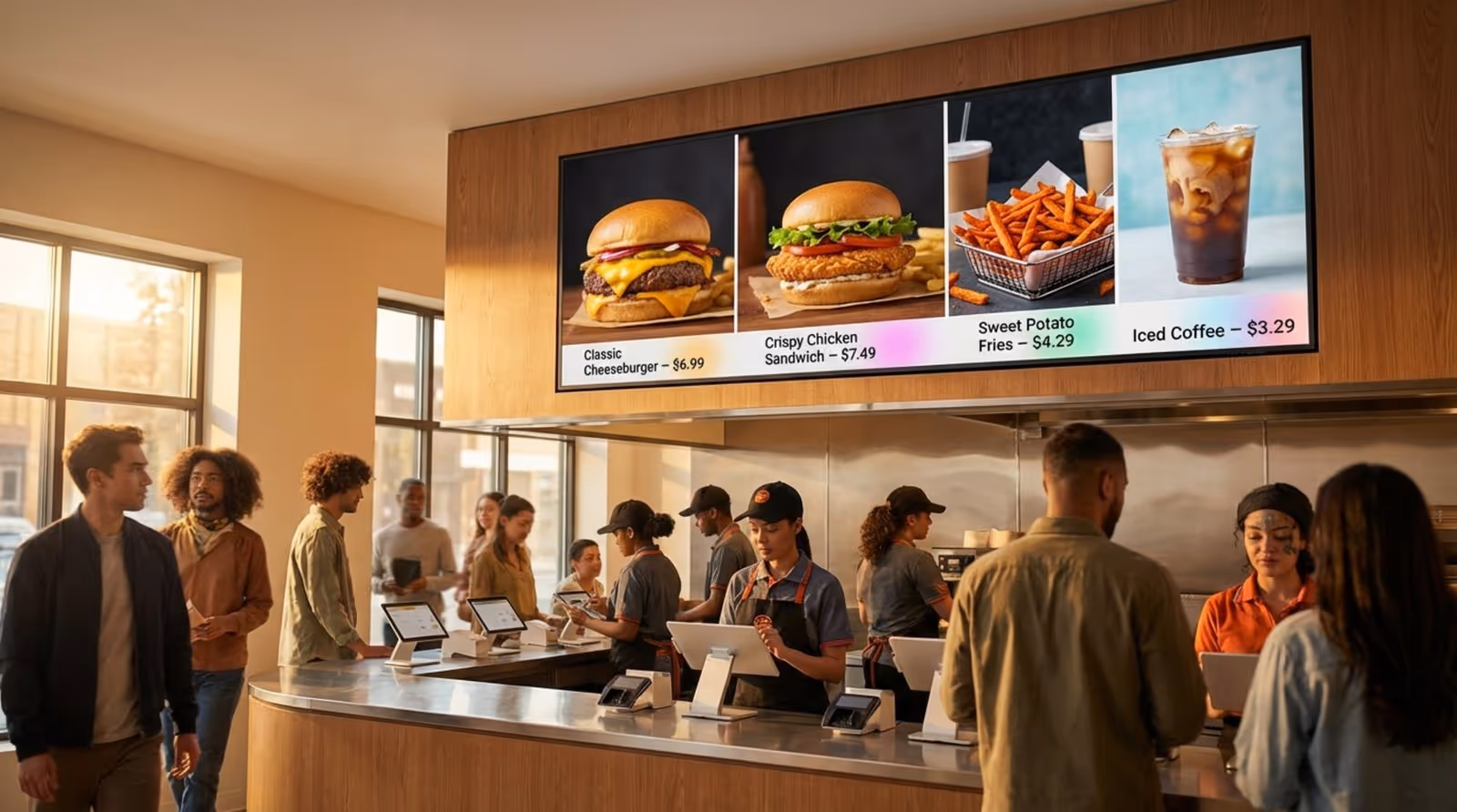 Photorealistic depiction of a digital menu board mounted above a busy restaurant counter displaying a clear, animated menu with food images.
