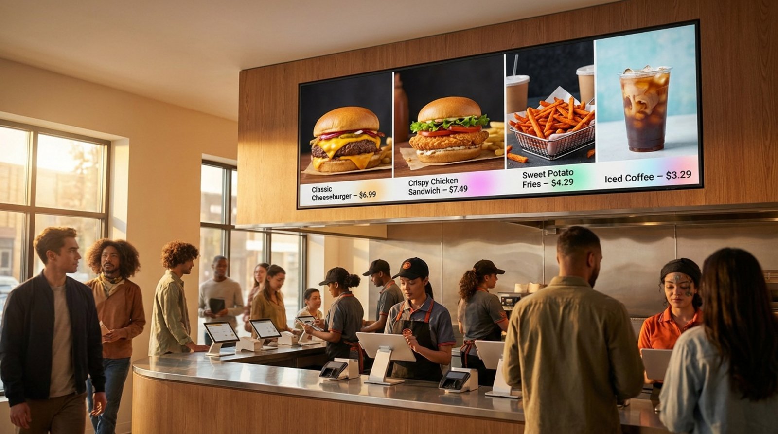 Photorealistic depiction of a digital menu board mounted above a busy restaurant counter displaying a clear, animated menu with food images.