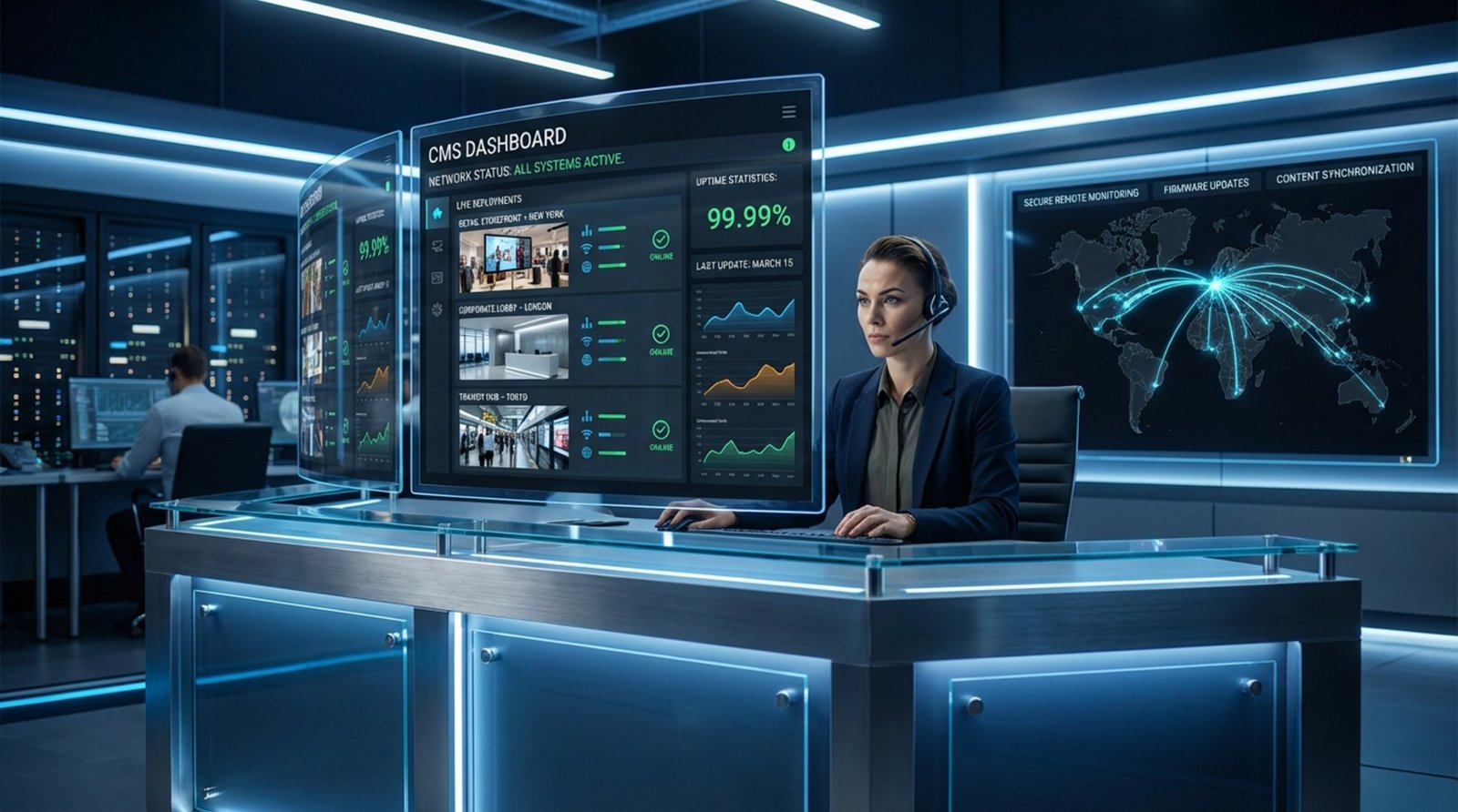A network administrator manages multiple SoC displays remotely from a central command desk, overseeing various locations through a CMS dashboard.