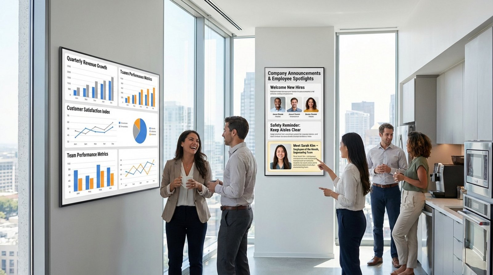 Displays in a modern office breakroom showing company KPIs and internal announcements with employees in the background.