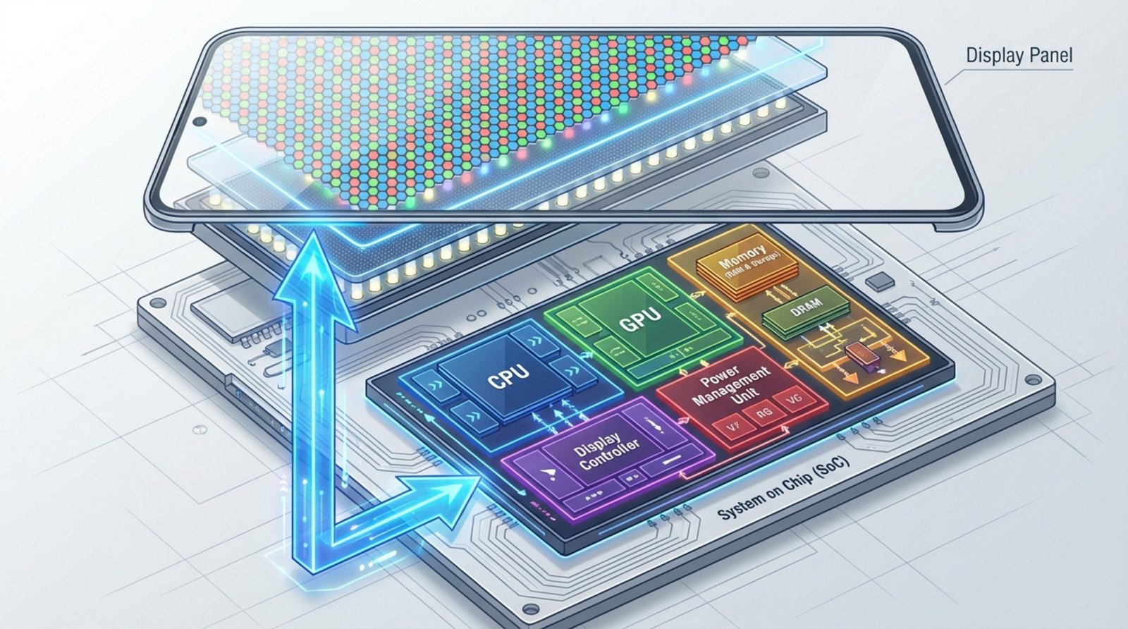 A modern diagram showing the internal components of an SoC display with a silicon chip labeled System on Chip and arrows indicating power to the display panel.