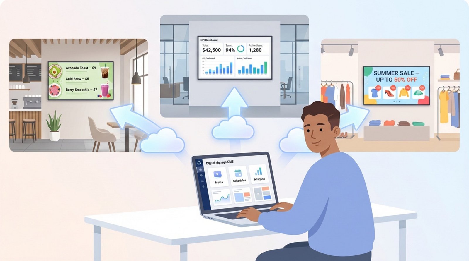 A person uses a laptop displaying a digital signage CMS dashboard with arrows pointing to smart TVs showing a menu, KPI dashboard, and promotion.