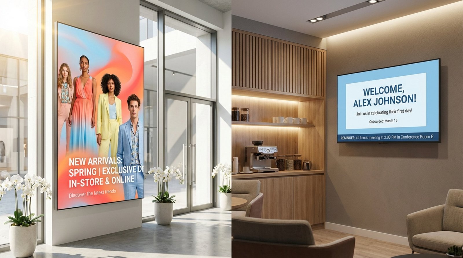 A split-screen image showing a bright digital signage display in a retail store and a smart TV in an office breakroom for advertisements and announcements.