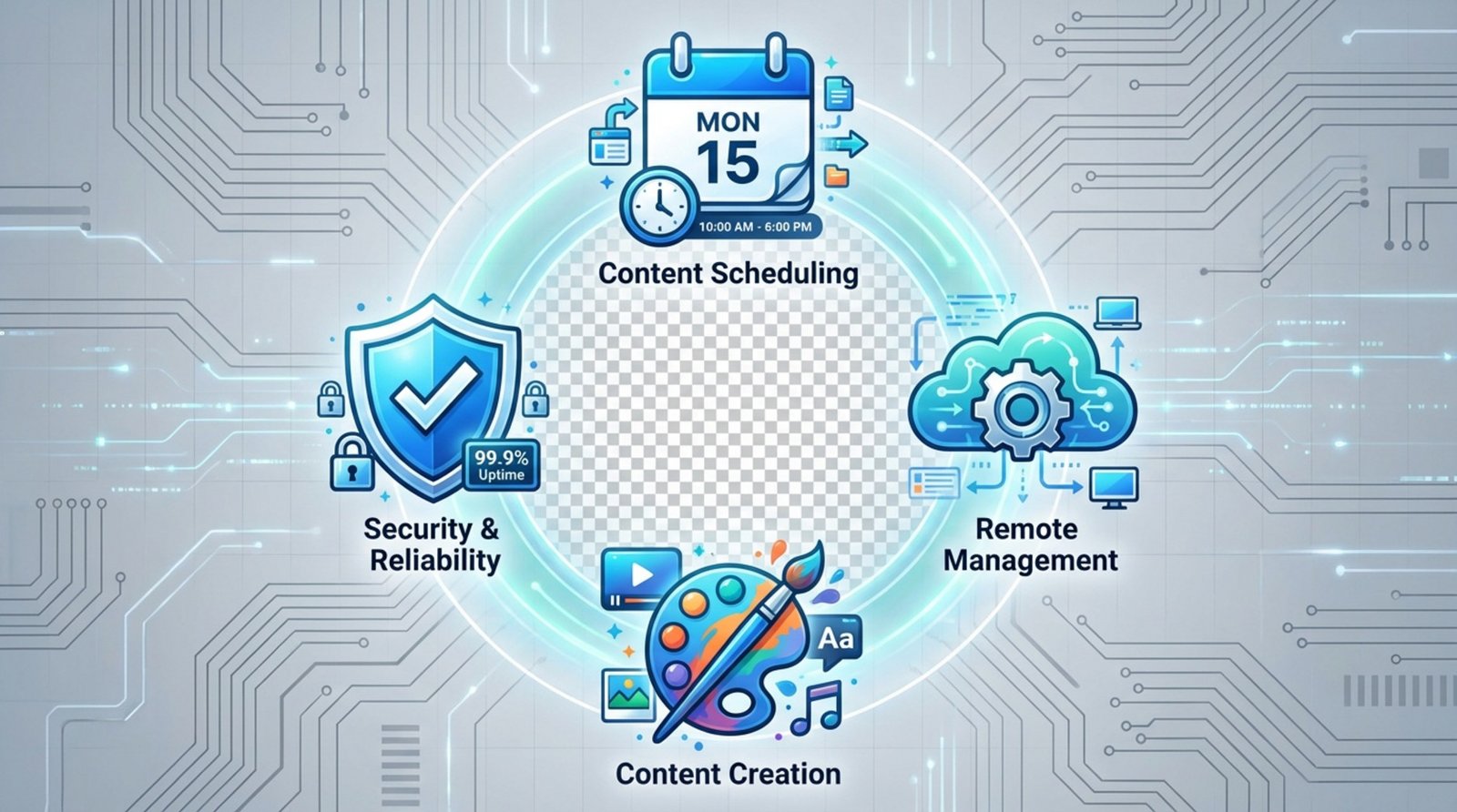 An infographic illustrating core features of digital signage software with icons for scheduling management creation and security.