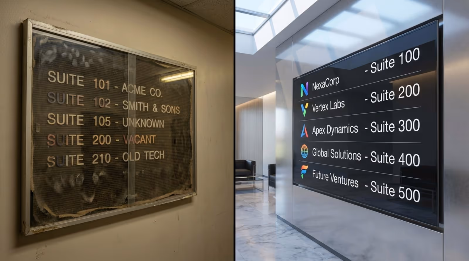 A split-screen comparison showing an outdated felt letter board on one side and a modern digital directory on the other, highlighting the transition from old to new in directory displays.