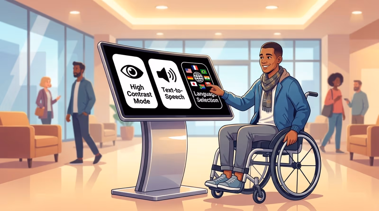 An inclusive illustration of a digital kiosk with accessibility features showing a person in a wheelchair interacting with the screen.