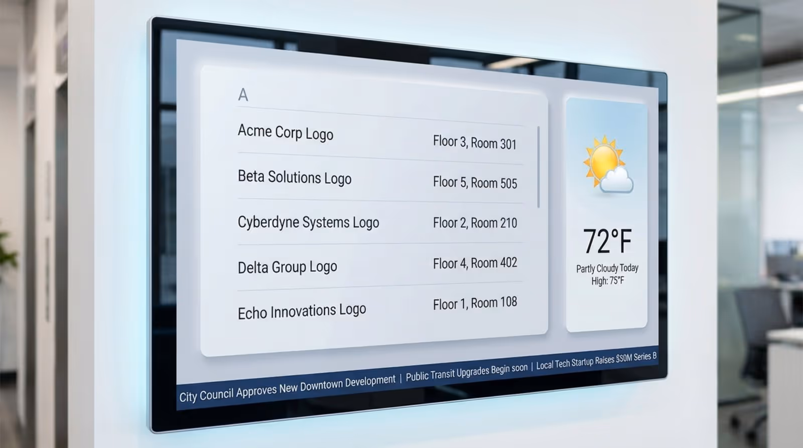 Close-up of a digital directory screen showing tenant list, weather forecast, and news ticker in a realistic interface design.
