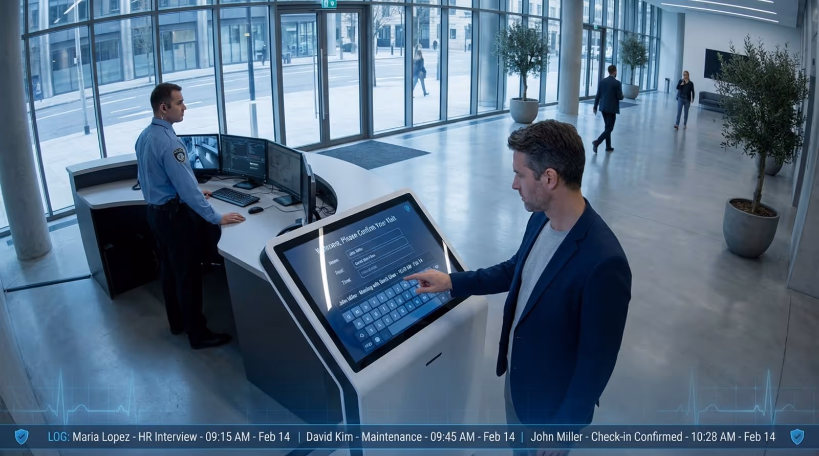 A security perspective of a modern building lobby showing a digital check-in kiosk with a visitor and a security guard monitoring the area.