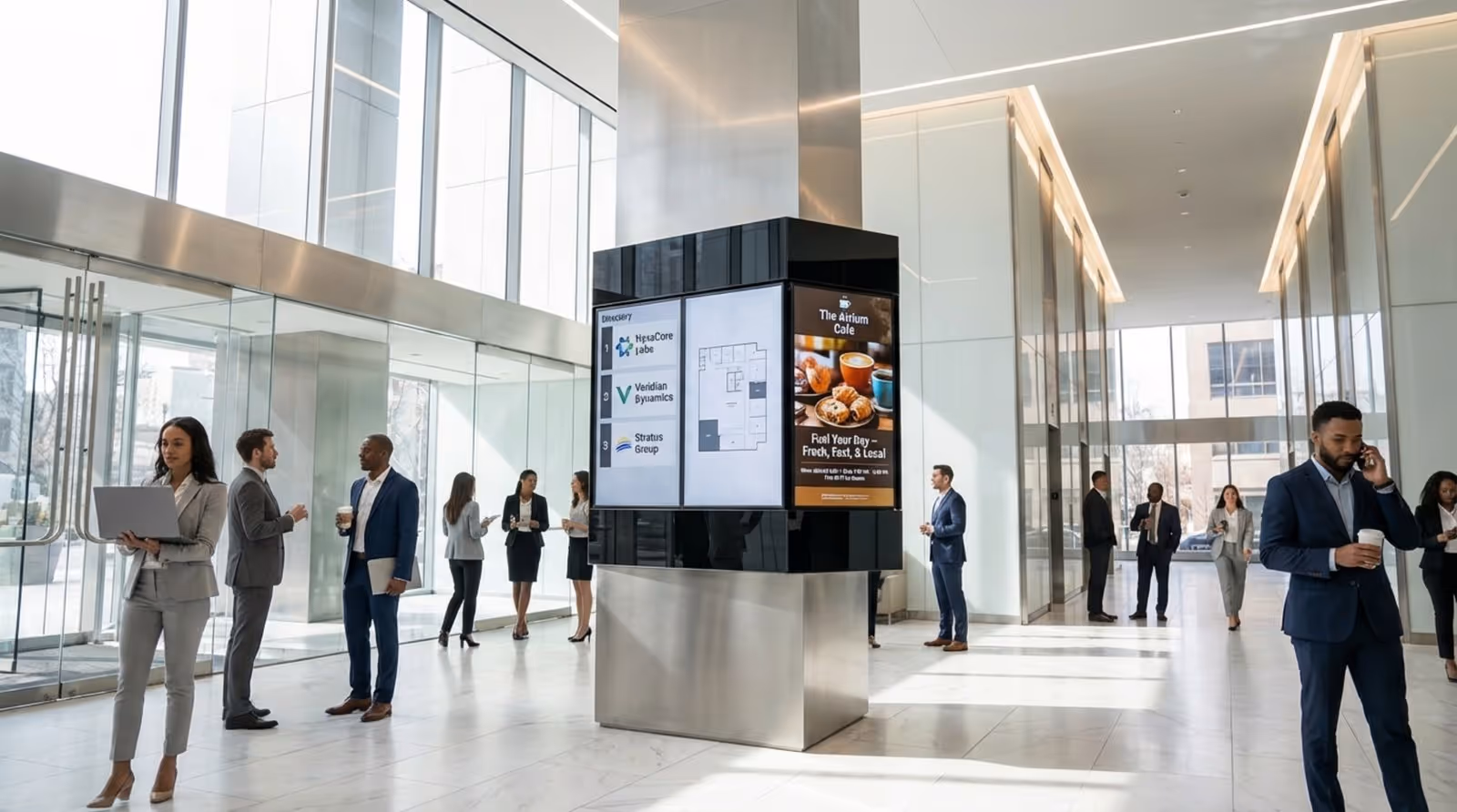 A busy commercial office lobby during the morning with people passing by a digital directory displaying company names and a promotional video.