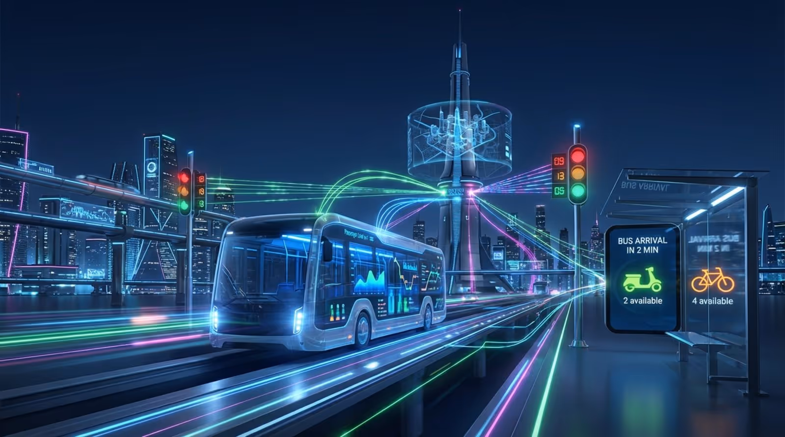 A stylized illustration of a connected transit system in a smart city showing a semi-transparent bus linked to control towers traffic lights and shelters with digital data lines