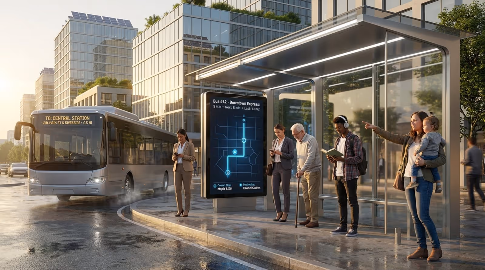 A modern bus stop with a digital screen displaying real-time arrival info and a diverse group waiting.