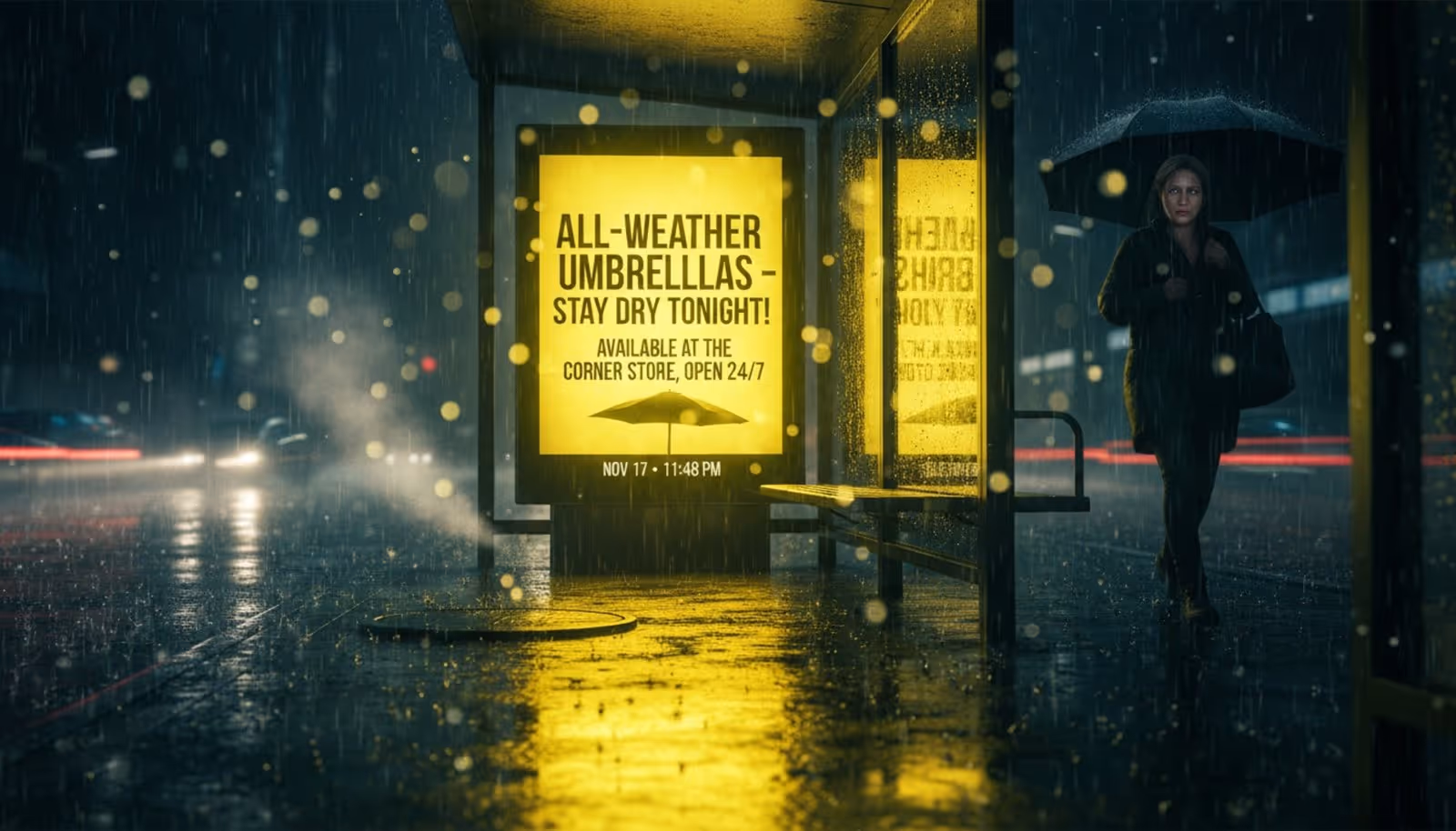 A digital signage screen at a bus stop during a rainy night displaying a bright yellow umbrella ad with reflections on wet pavement.