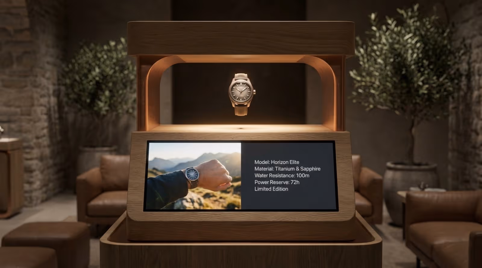 A sleek POSM display with minimalist biophilic design highlighting a luxury watch, featuring theatrical lighting and a split digital screen.
