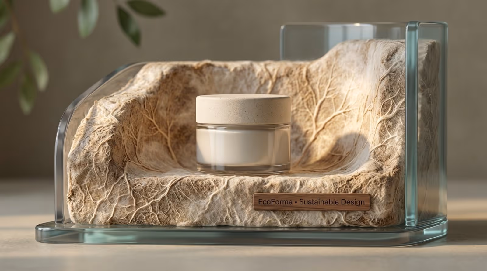 Close-up of an eco-friendly skincare display made from mycelium and recycled ocean plastic highlighting sustainable materials.