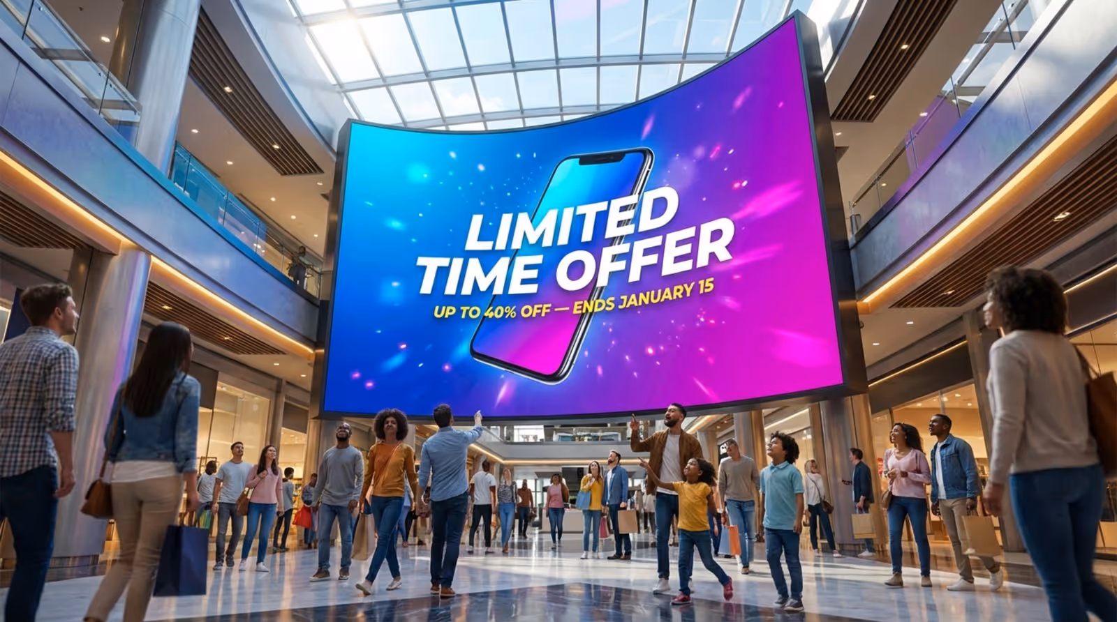 A large digital screen in a mall atrium displays a smartphone promotion with a limited time offer, capturing shopper interest and excitement.