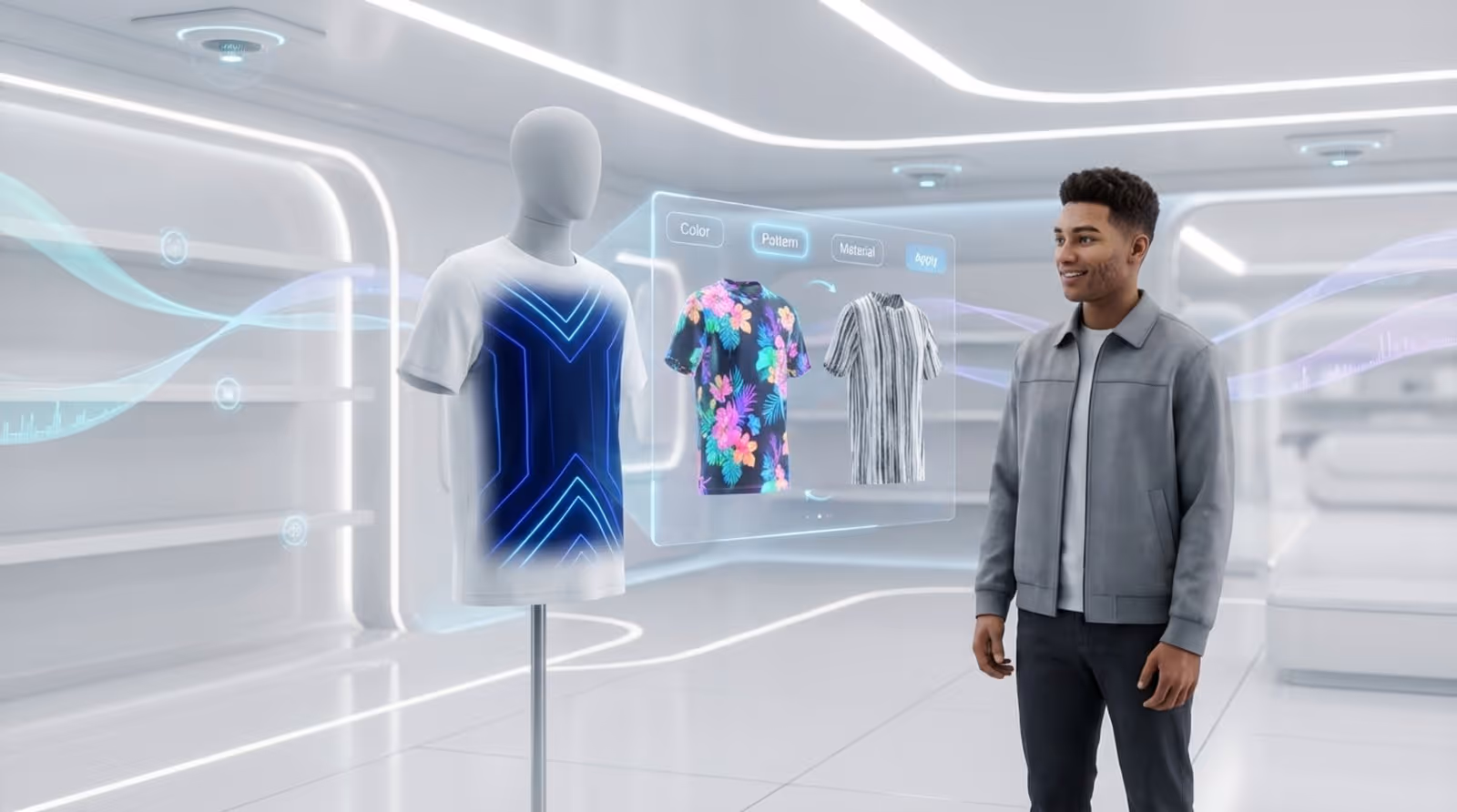 A shopper observes a white t-shirt with an augmented reality overlay showing colors and patterns in a sleek high-tech store.