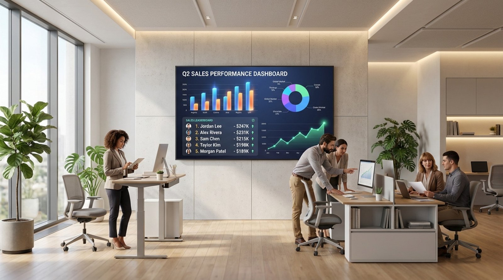 A digital signage screen displays a sales KPI dashboard in a modern office environment with team members working in the background.