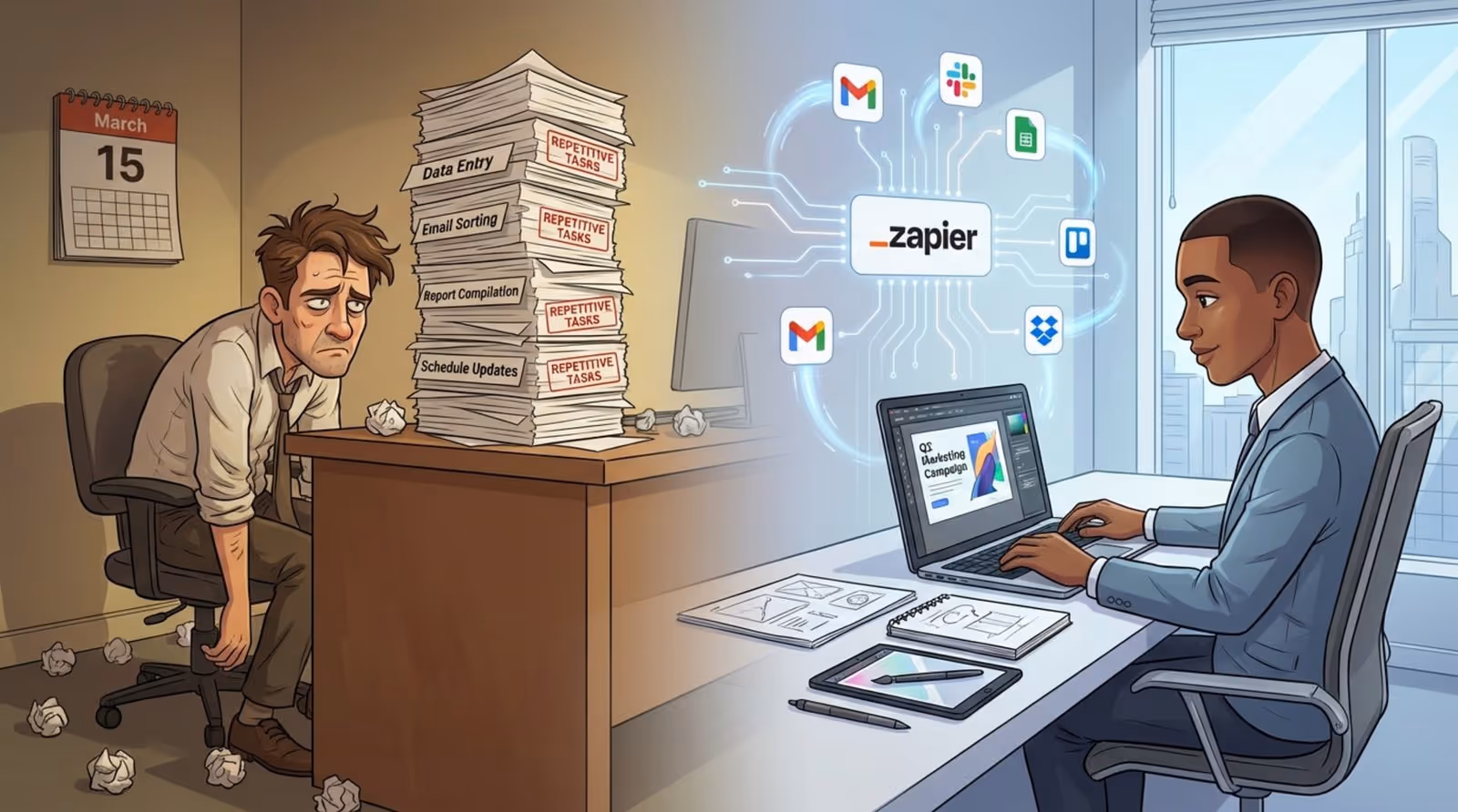 Contrasting manual work and automation with stressed worker and efficient automation process.