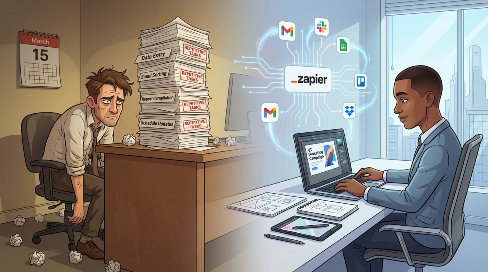 Contrasting manual work and automation with stressed worker and efficient automation process.