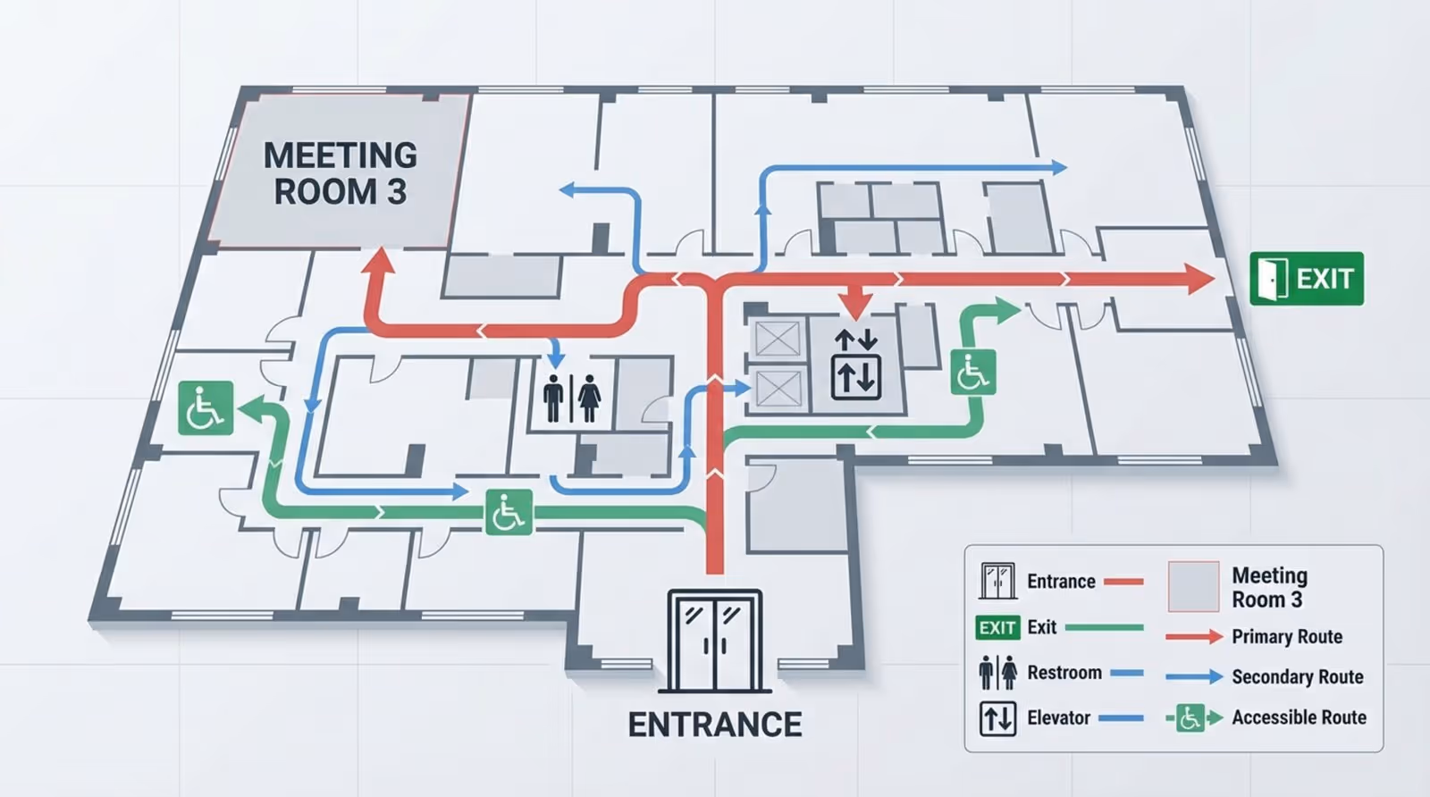 A clean infographic showing a floor plan with color-coded paths guiding to a destination and a key for symbols.