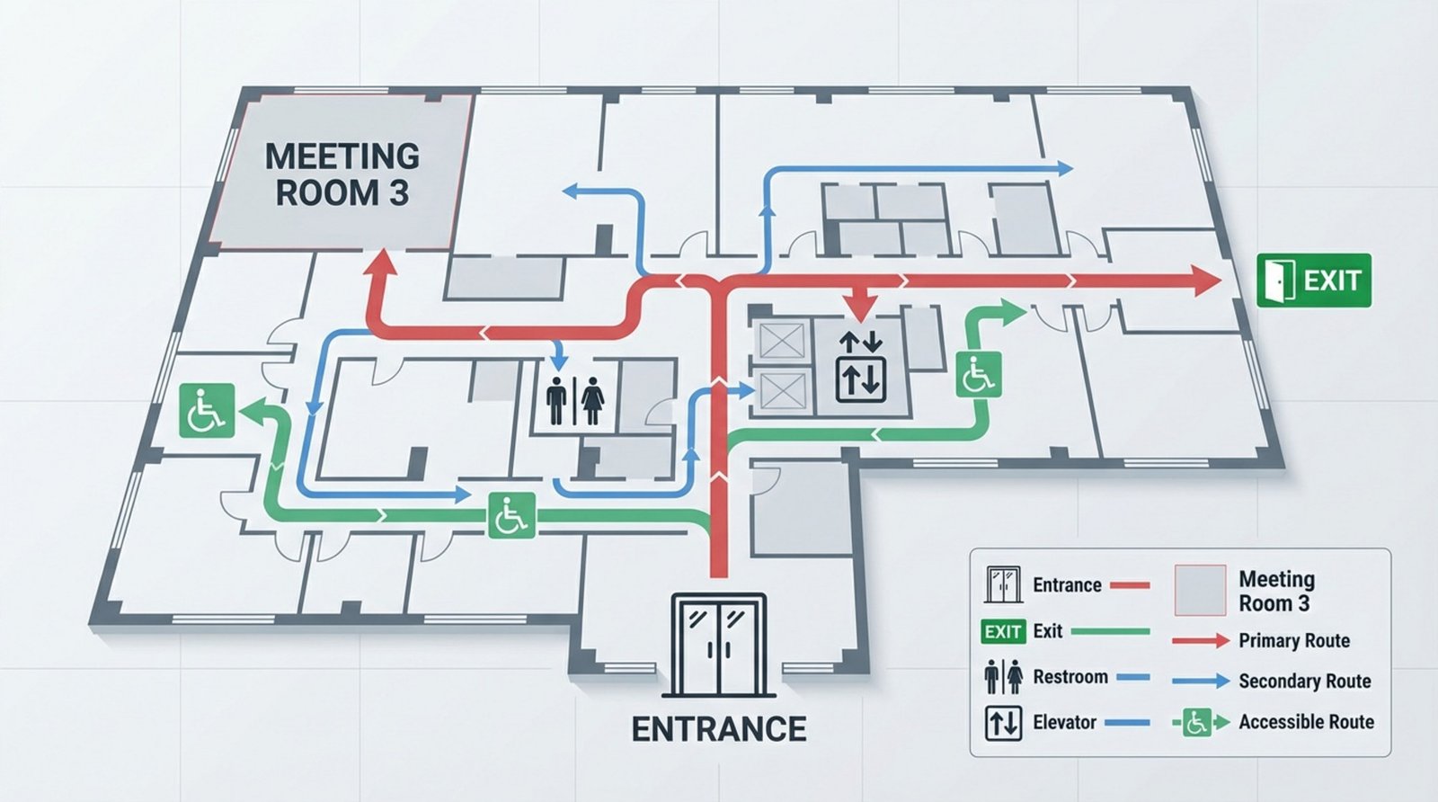 A clean infographic showing a floor plan with color-coded paths guiding to a destination and a key for symbols.