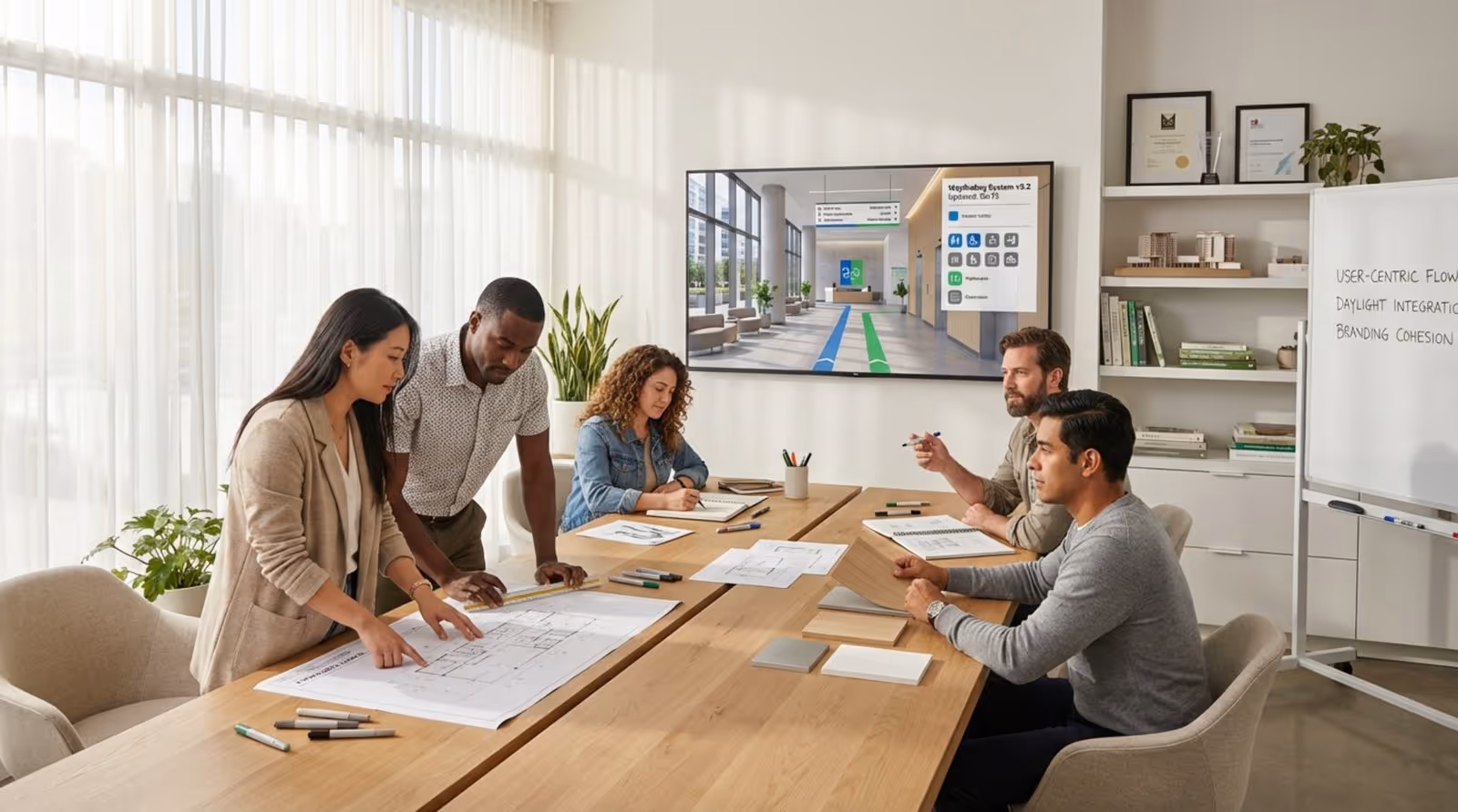 A creative scene of diverse designers collaborating around a table with blueprints and samples, viewing a building interior mockup on a large screen.