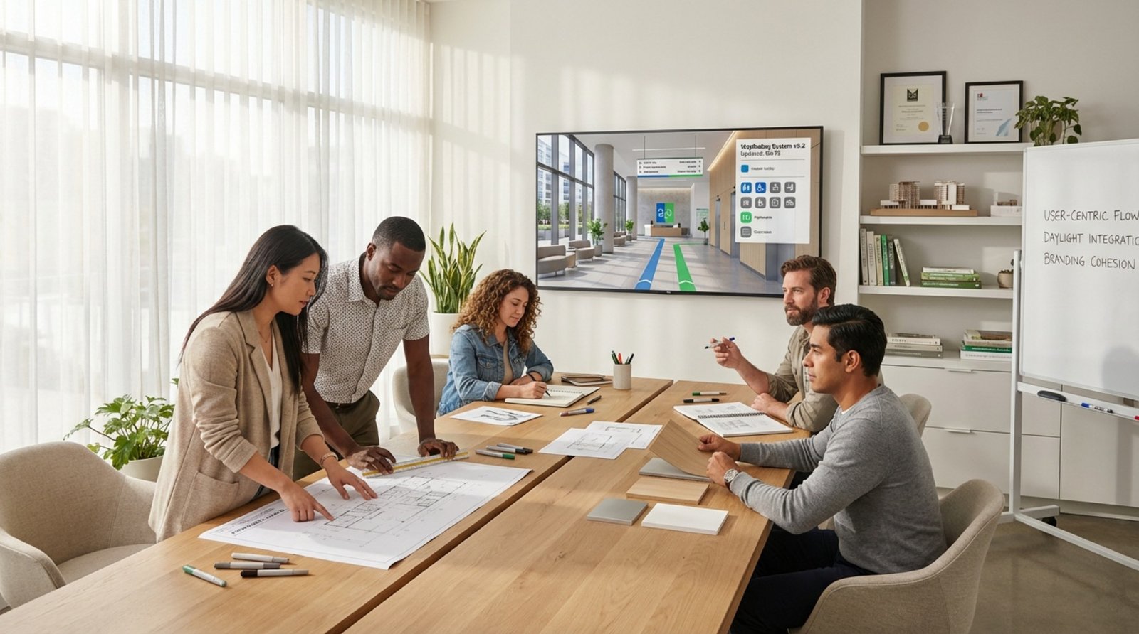 A creative scene of diverse designers collaborating around a table with blueprints and samples, viewing a building interior mockup on a large screen.
