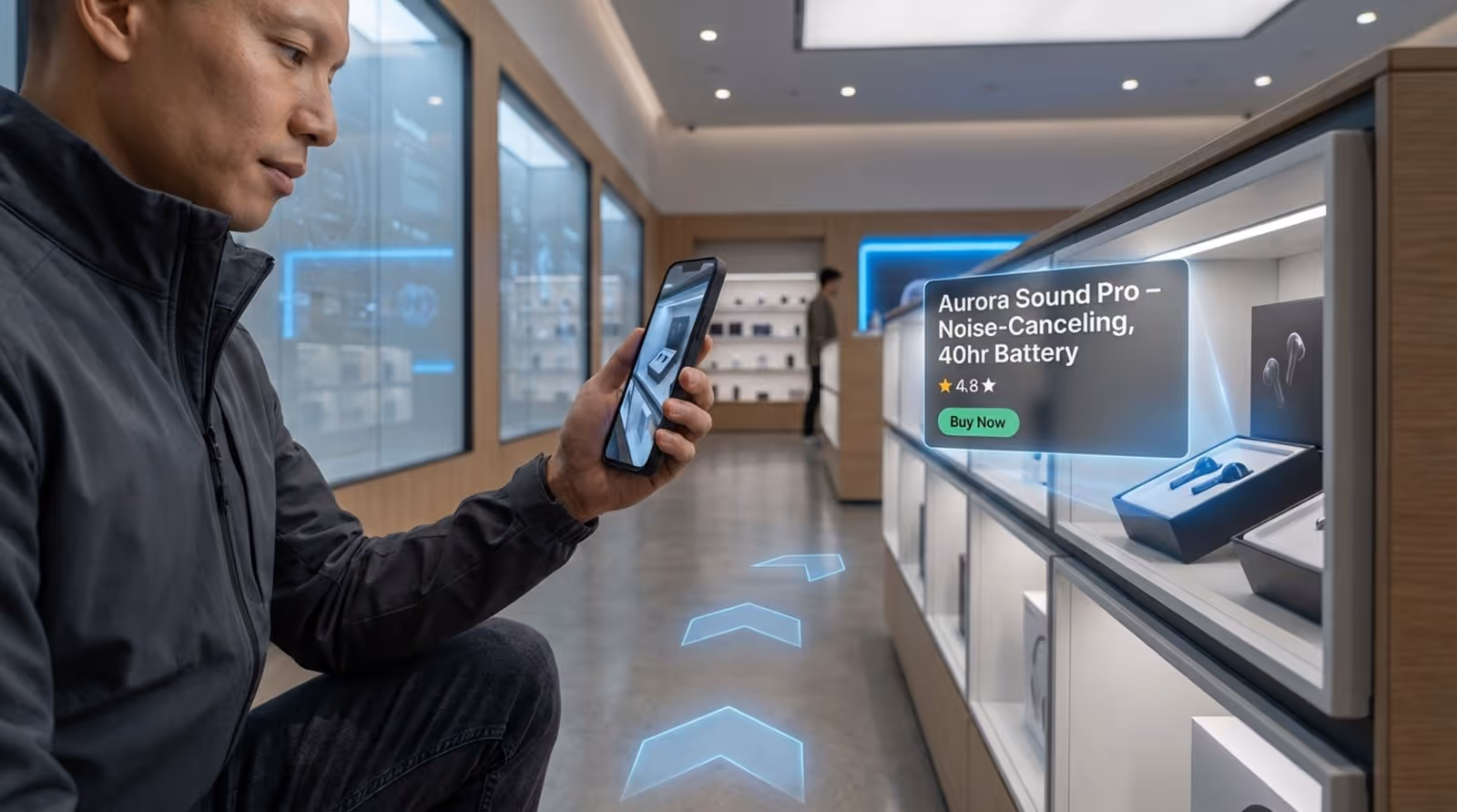 A person uses a smartphone with augmented reality overlays guiding them through a retail store.