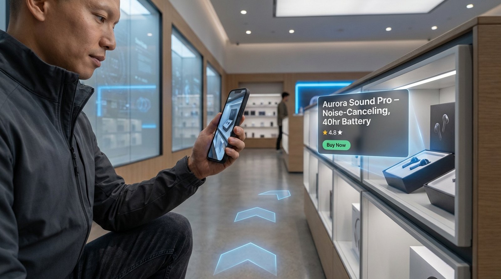 A person uses a smartphone with augmented reality overlays guiding them through a retail store.