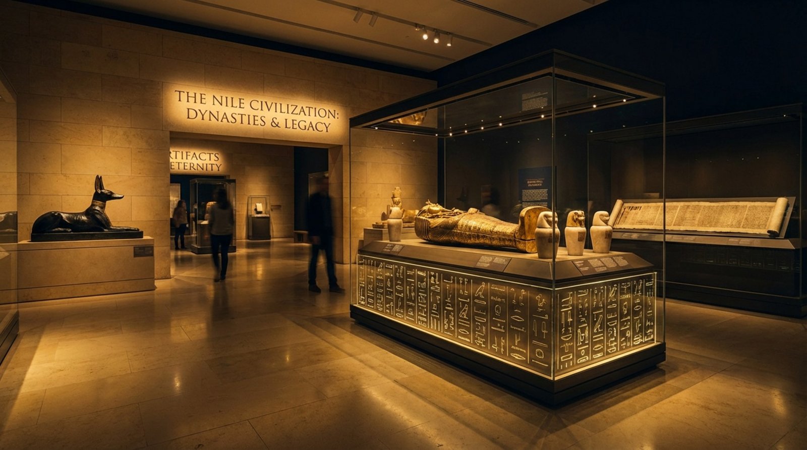 A cinematic view of an ancient Egypt exhibit with hieroglyphic patterns and dramatic lighting emphasizing artifacts and educational displays.