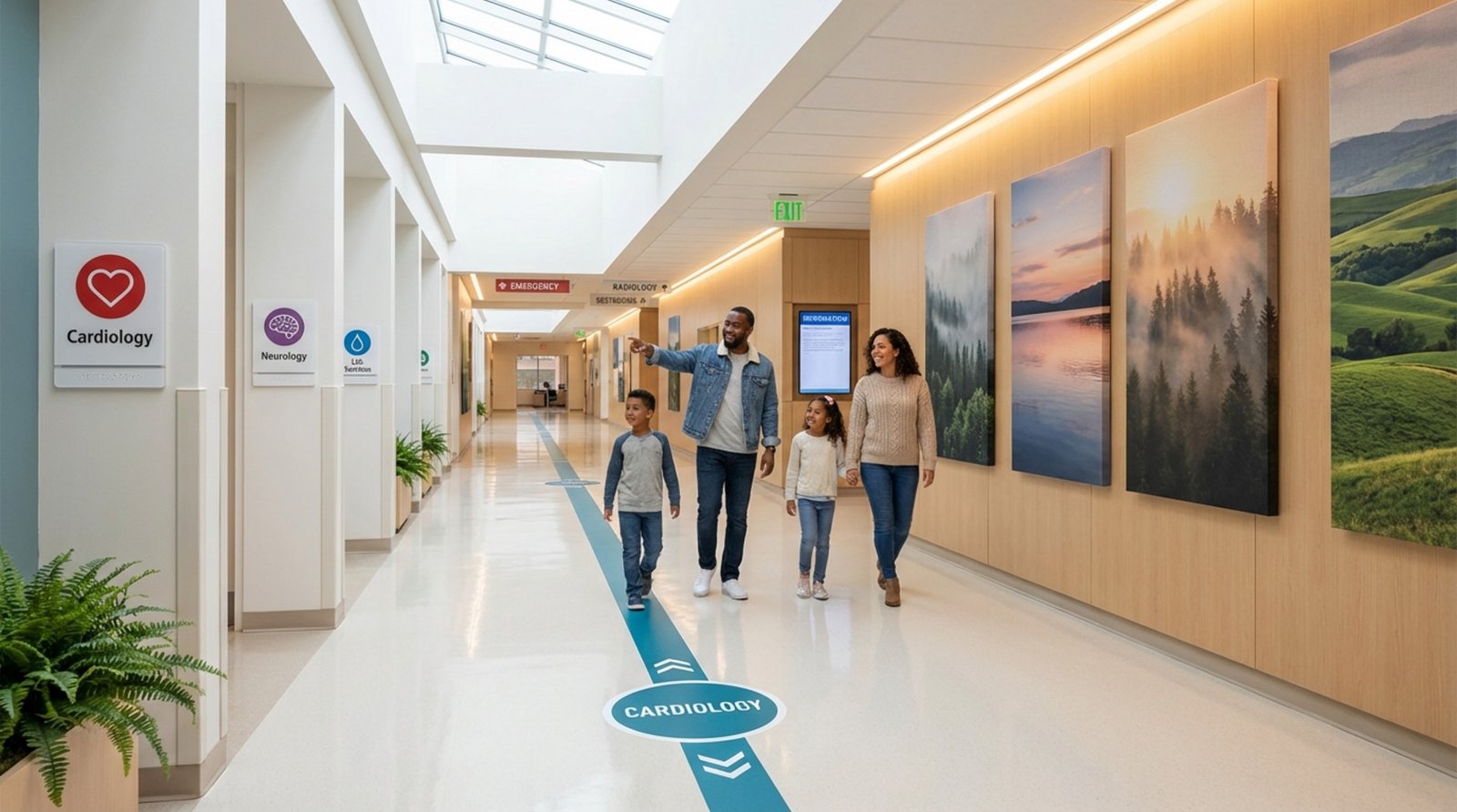 A modern hospital hallway with a color-coded line guiding towards cardiology and calming wall graphics, showing a family walking peacefully.