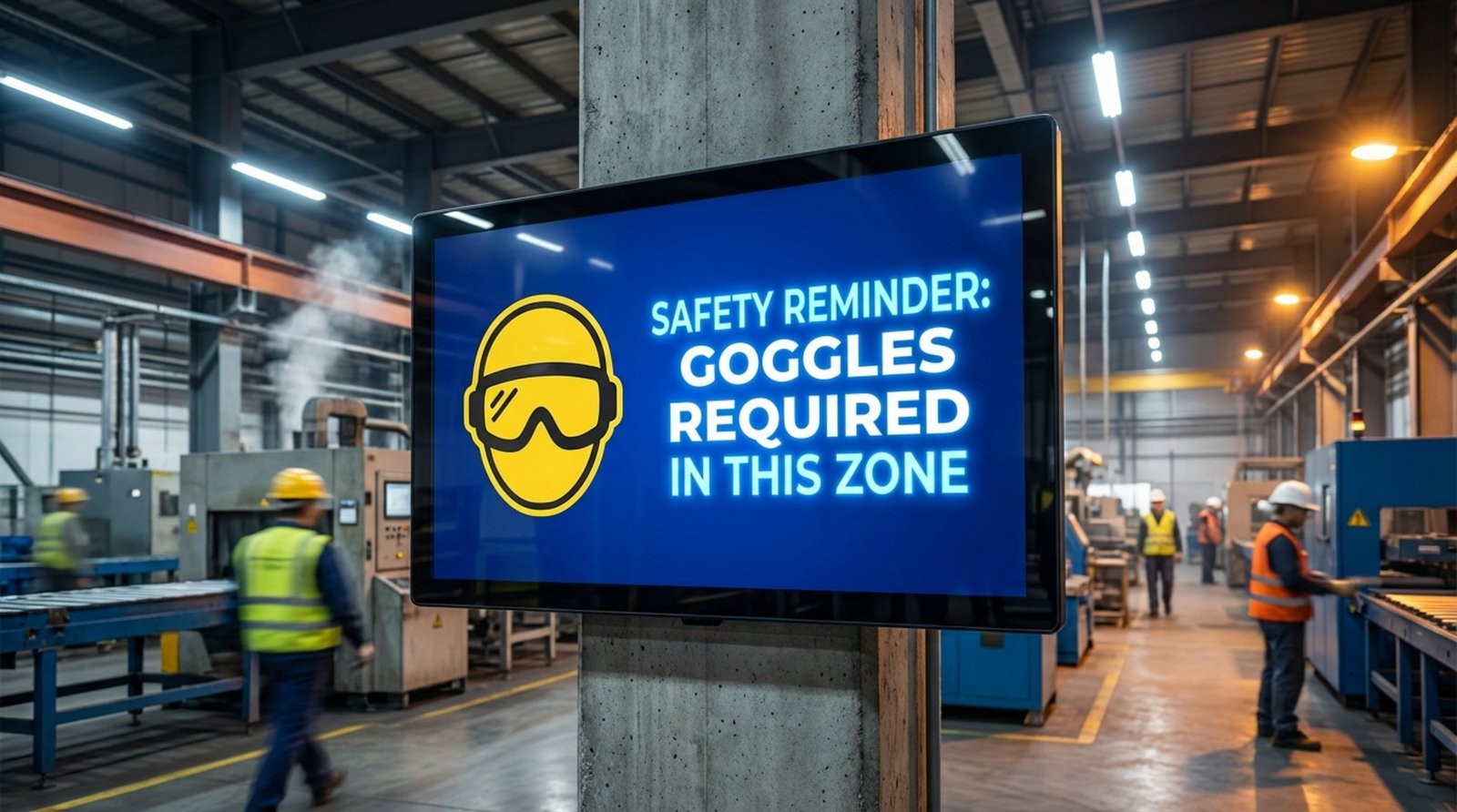 A digital screen in a factory displaying a safety reminder with an eye protection icon and bold message.
