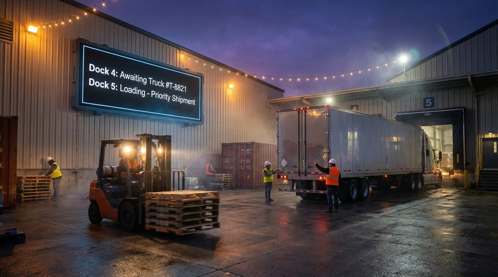 A wide-angle view of a busy logistics dock at dusk with a digital screen displaying shipment information and a forklift in motion.