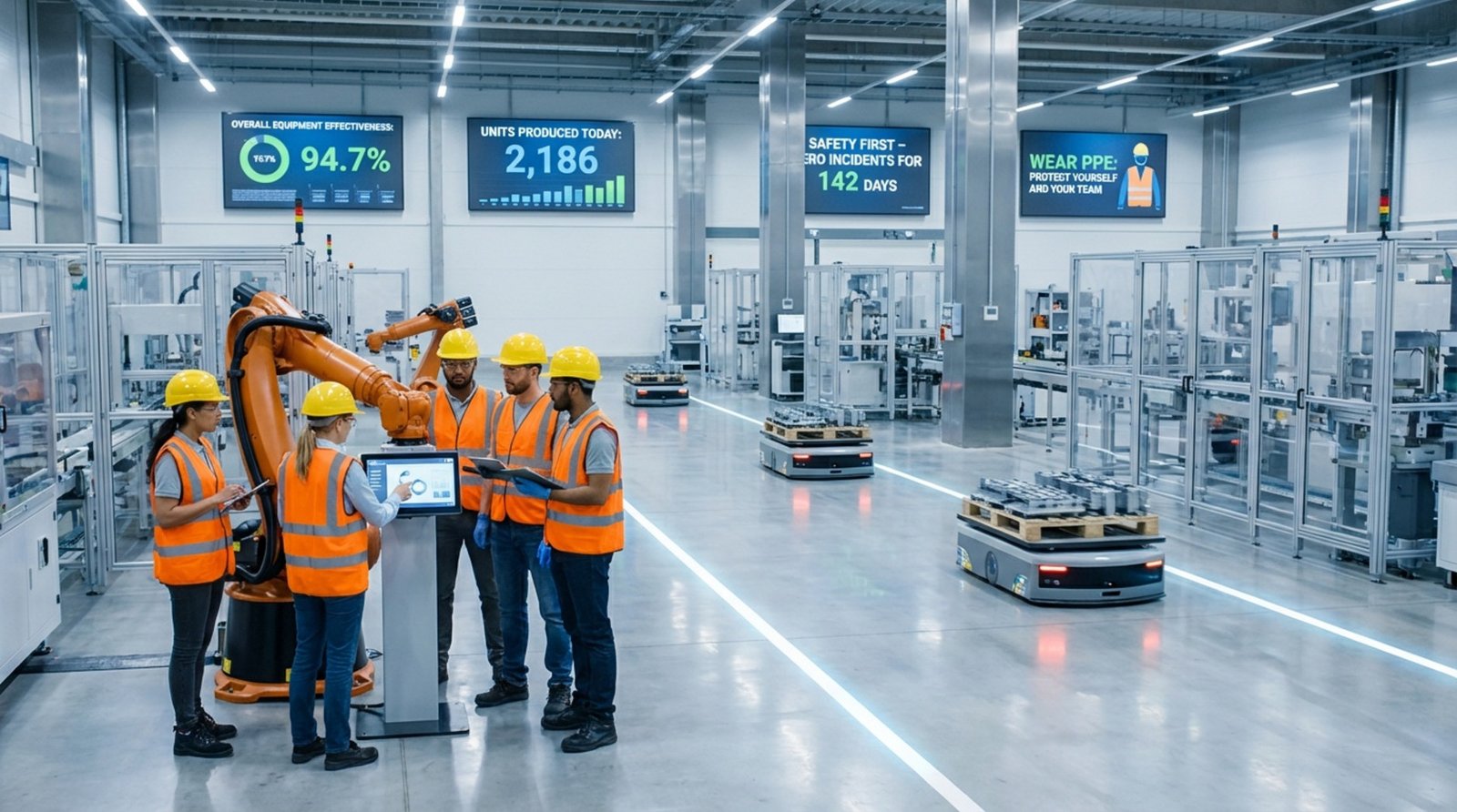 A photorealistic view of a modern manufacturing facility with workers operating machinery and digital signage displaying production data.