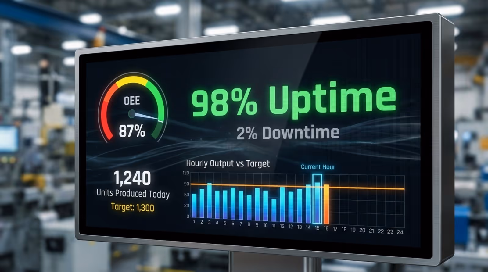 Close-up of a digital screen displaying a production KPI dashboard with colorful gauges, bar charts, and a large uptime percentage.