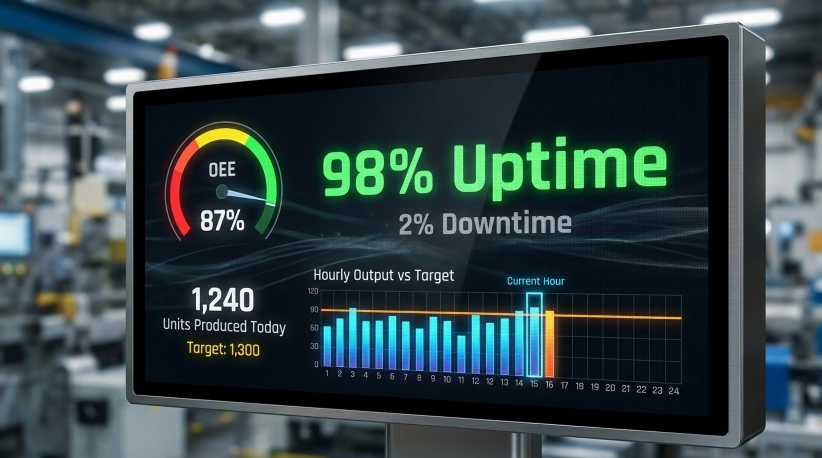 Close-up of a digital screen displaying a production KPI dashboard with colorful gauges, bar charts, and a large uptime percentage.