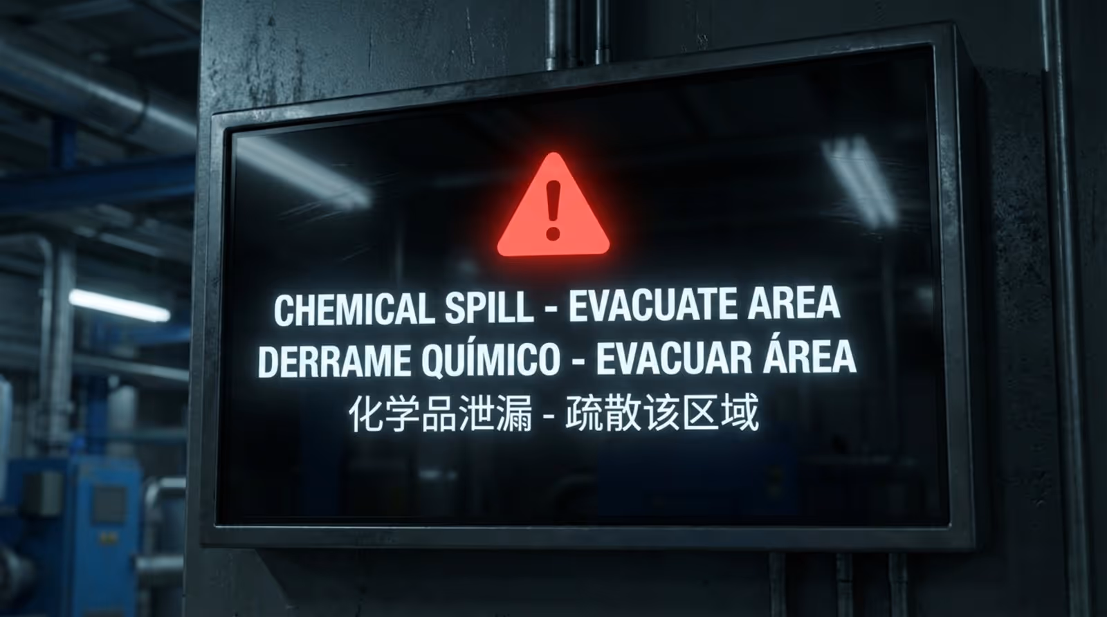 Close-up of a digital screen showing a critical safety alert with a red exclamation mark and multilingual evacuation message.