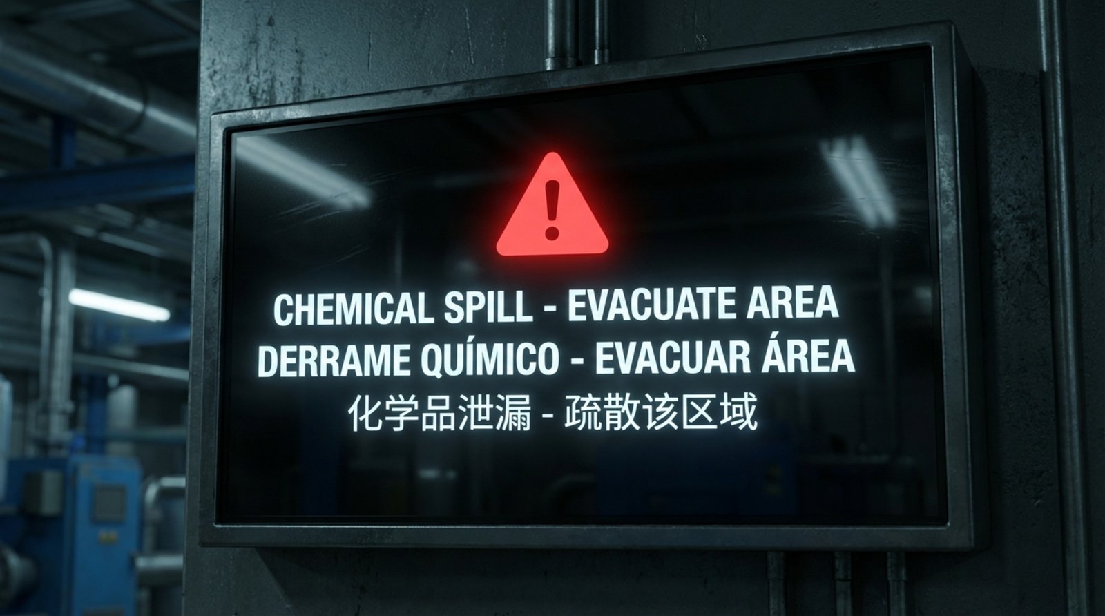Close-up of a digital screen showing a critical safety alert with a red exclamation mark and multilingual evacuation message.