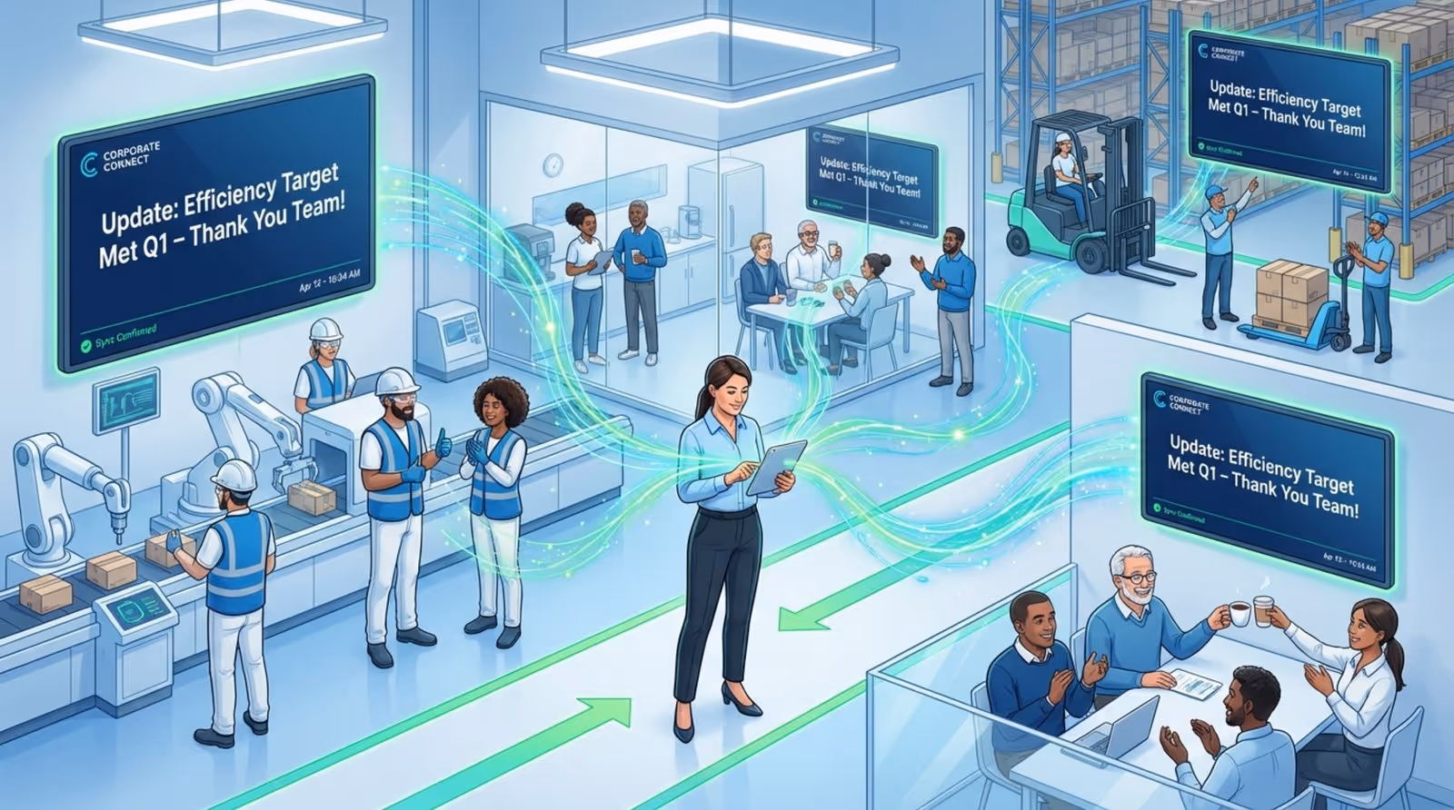 A corporate-style illustration of a factory floor with a manager posting an update on a tablet connected to digital screens in various areas, showing synchronized messages to employees.
