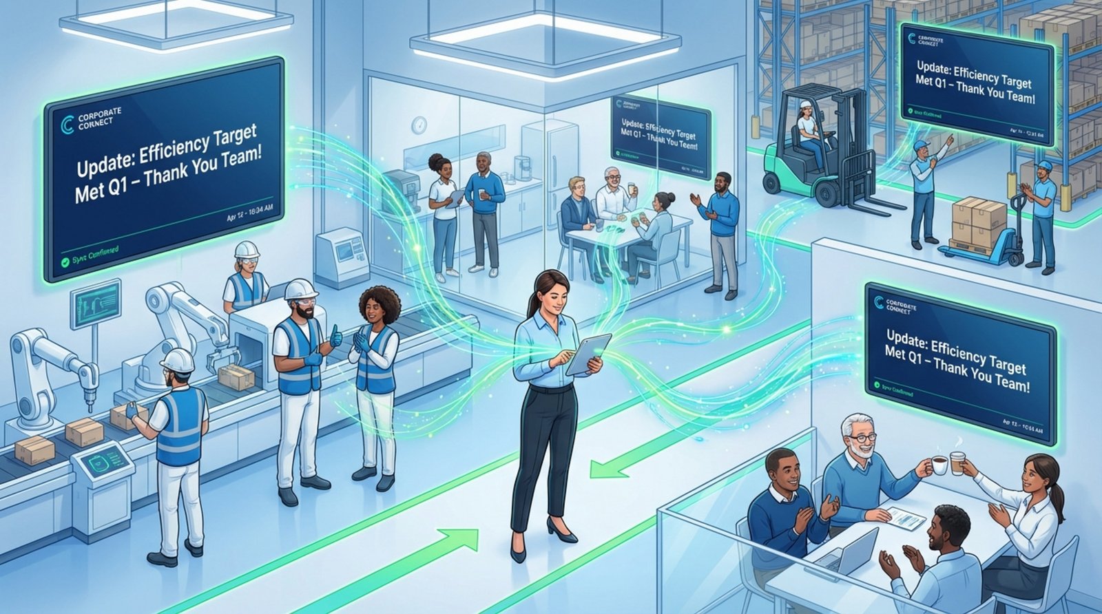 A corporate-style illustration of a factory floor with a manager posting an update on a tablet connected to digital screens in various areas, showing synchronized messages to employees.