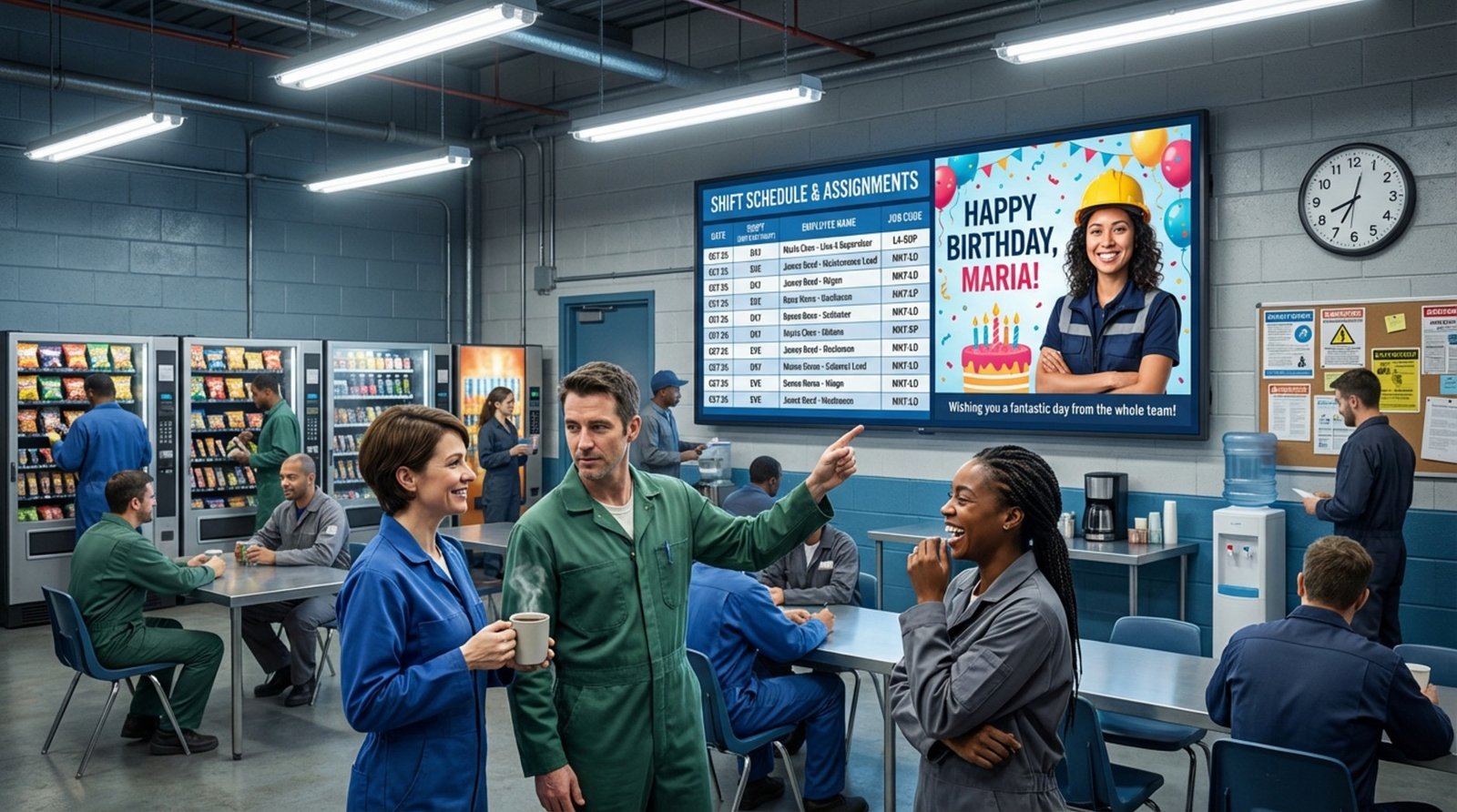 Employees gather in a factory breakroom during shift change, viewing a digital screen with shift schedules and a birthday message.