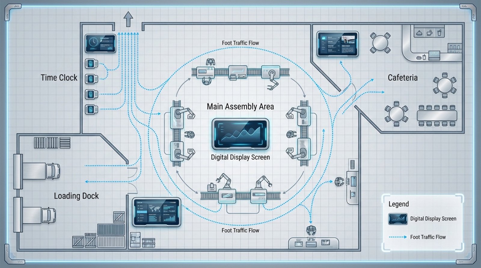 A top-down infographic of a manufacturing facility showing digital screens in key areas and foot traffic patterns.