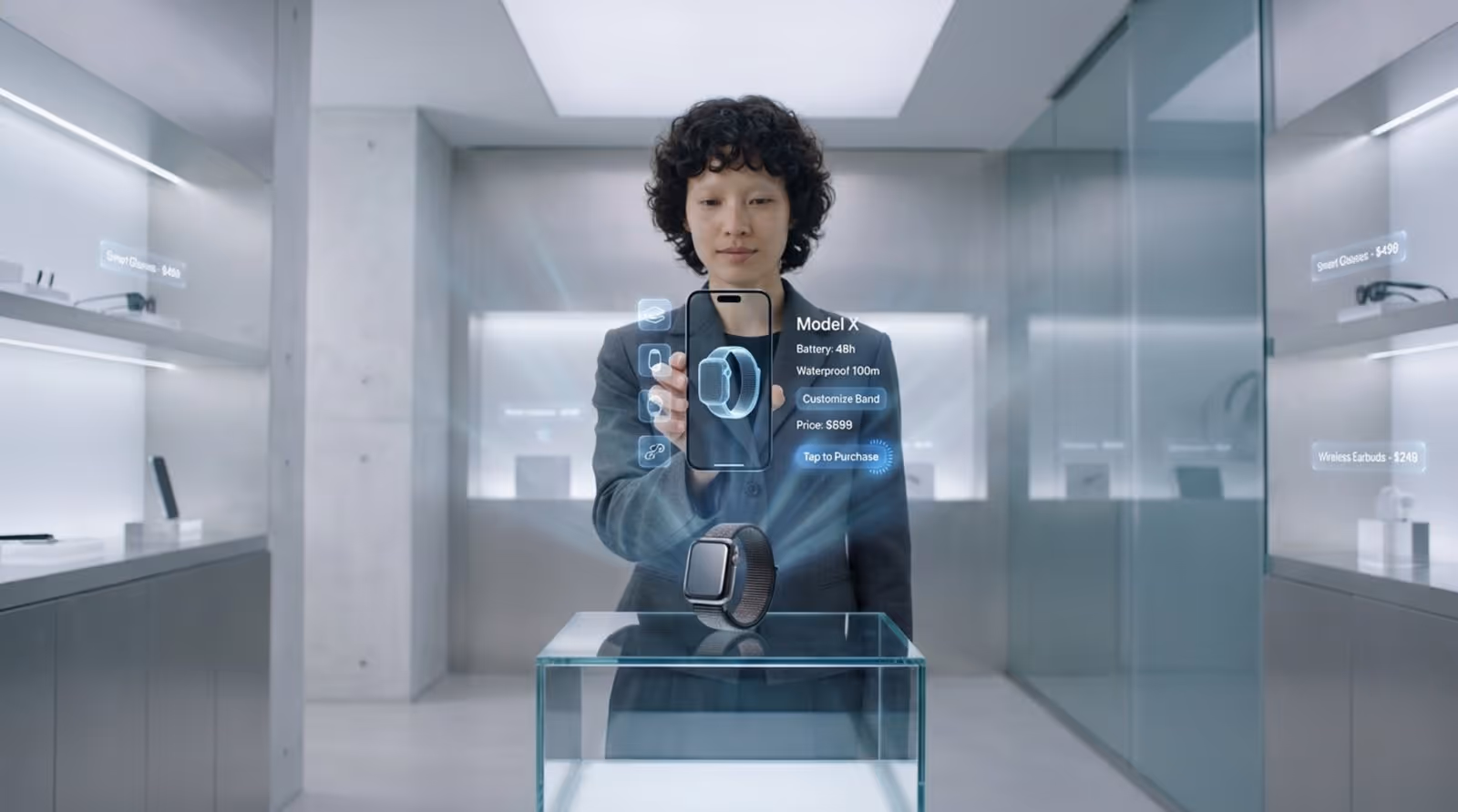 A person uses a smartphone to view augmented reality information about a product in a sleek high-end store.