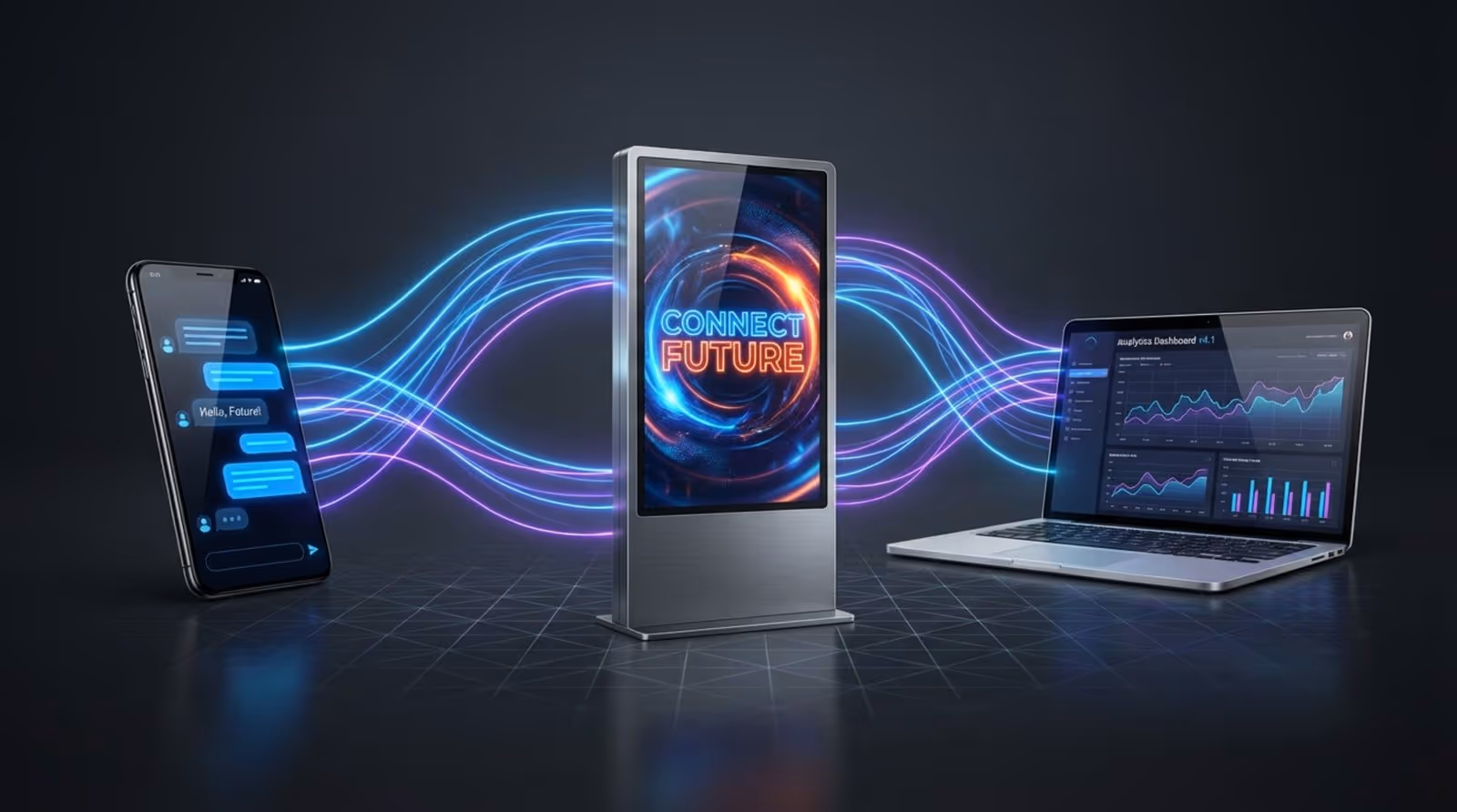 An abstract illustration showing how digital content links different devices with glowing lines connecting a smartphone, digital signage, and a laptop.