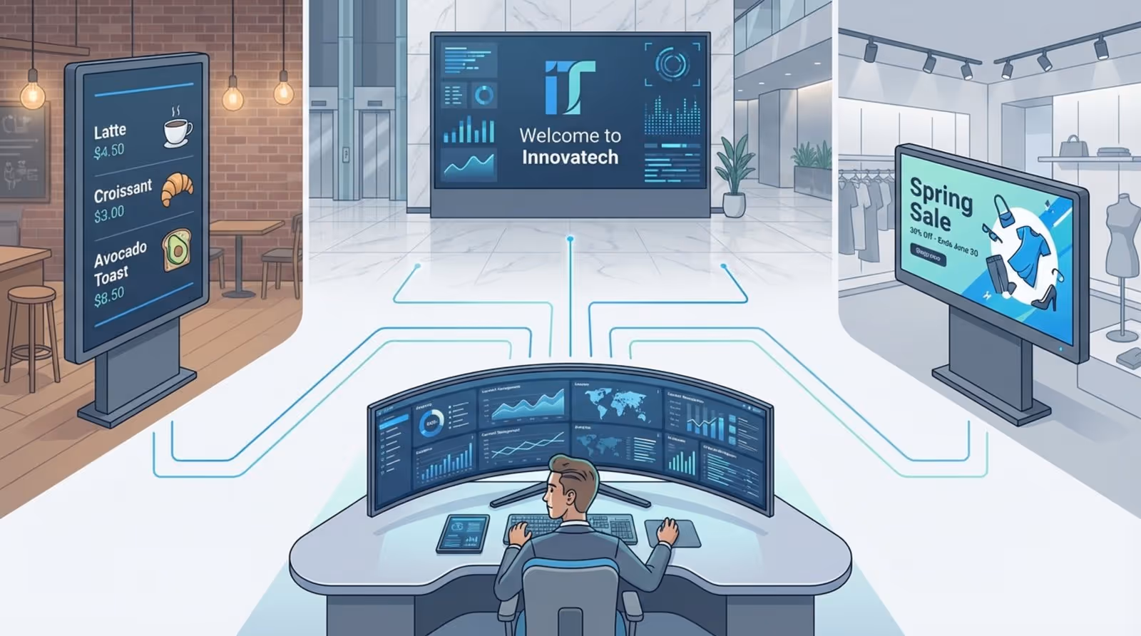A person manages content across multiple screens in different settings illustrating content scalability.