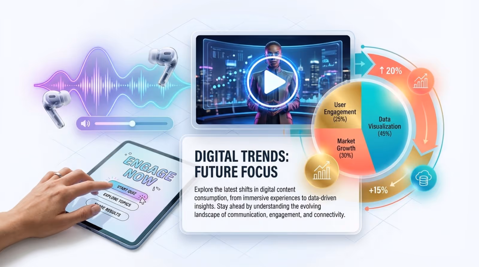 A collage showcasing various digital content types including a blog article, infographic, video play button, audio waveform, and a hand interacting with a tablet.