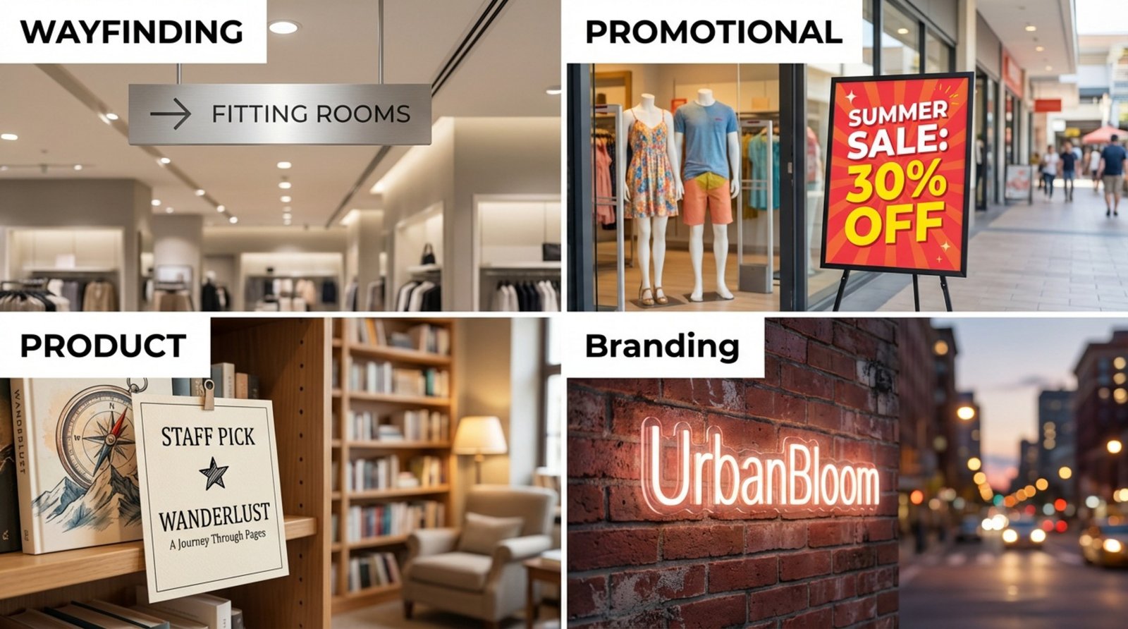 An infographic illustrating four types of retail signage including wayfinding, promotional, product, and branding signs.
