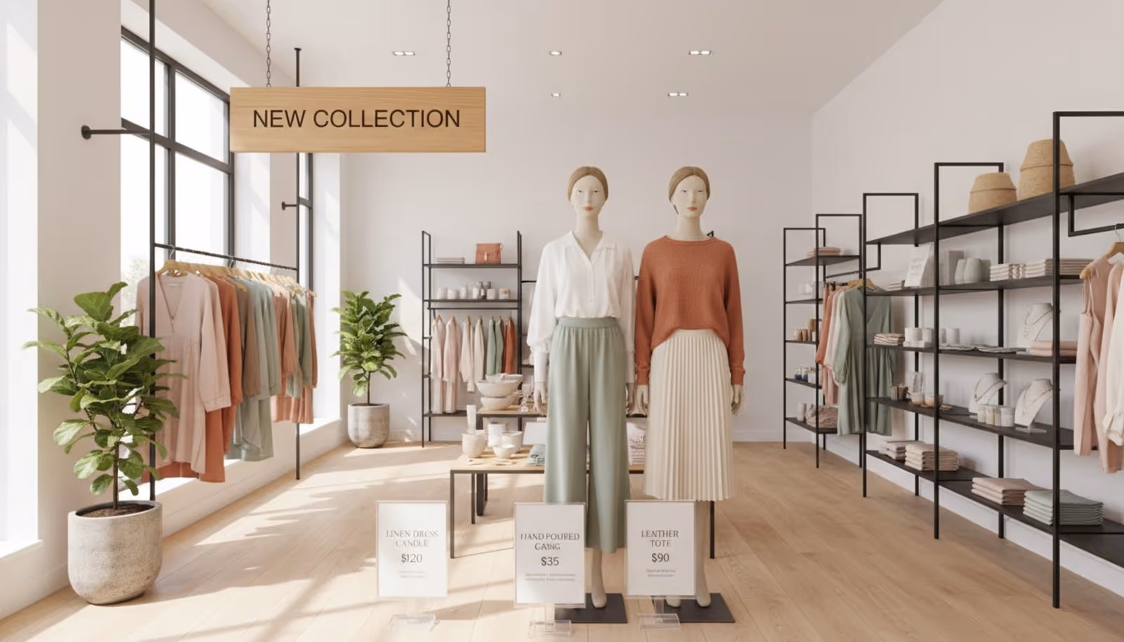 A welcoming retail boutique interior with organized displays and stylish signage highlighting a new collection.