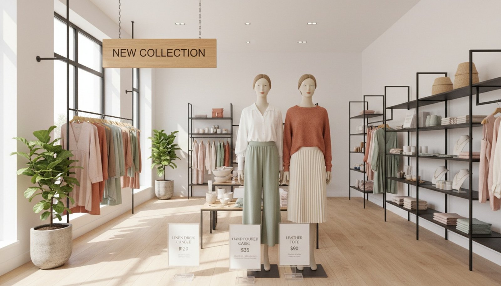 A welcoming retail boutique interior with organized displays and stylish signage highlighting a new collection.